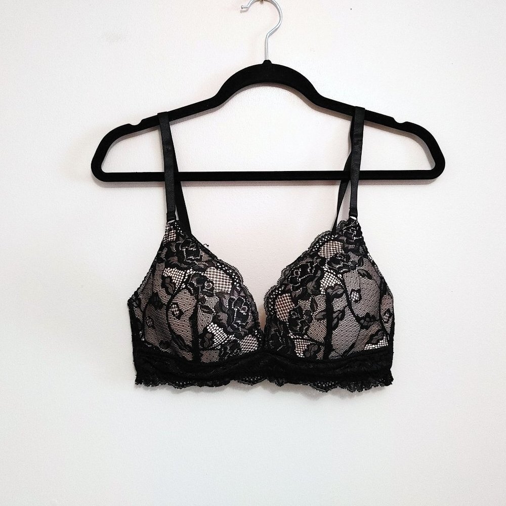 Hush Intimate Women's Size 34C Black  Floral Lace Trim Bra Padded Nylon Blend